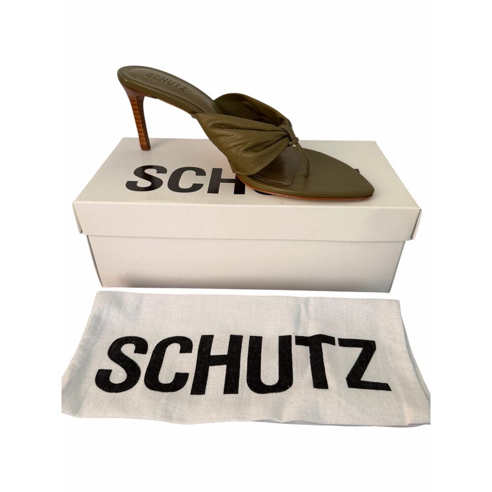Schutz Lori Mid Thong Olive Green Leather Slip On Heel Sandal Size 10 - NWT - Picture 8 of 8
